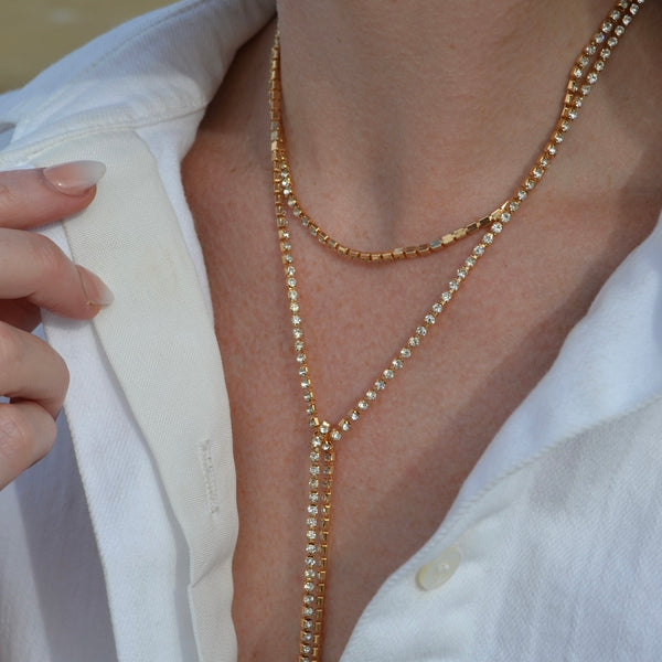 Layne Lariat Rhinestone Necklace in Gold